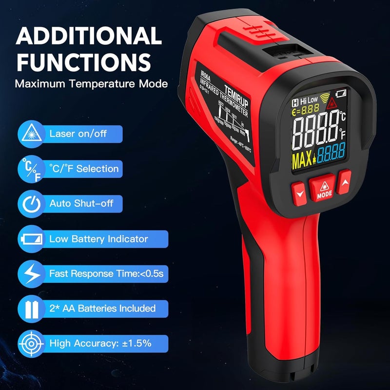 Temirup Infrared Thermometer Gun - Non-Contact Digital Laser Temperature Gun with Color LCD Display for Cooking, Griddle, Engine, HVAC, IR Temp Gun with Adjustable Emissivity,-40℉~1202℉(-40℃~650℃) - Image 3